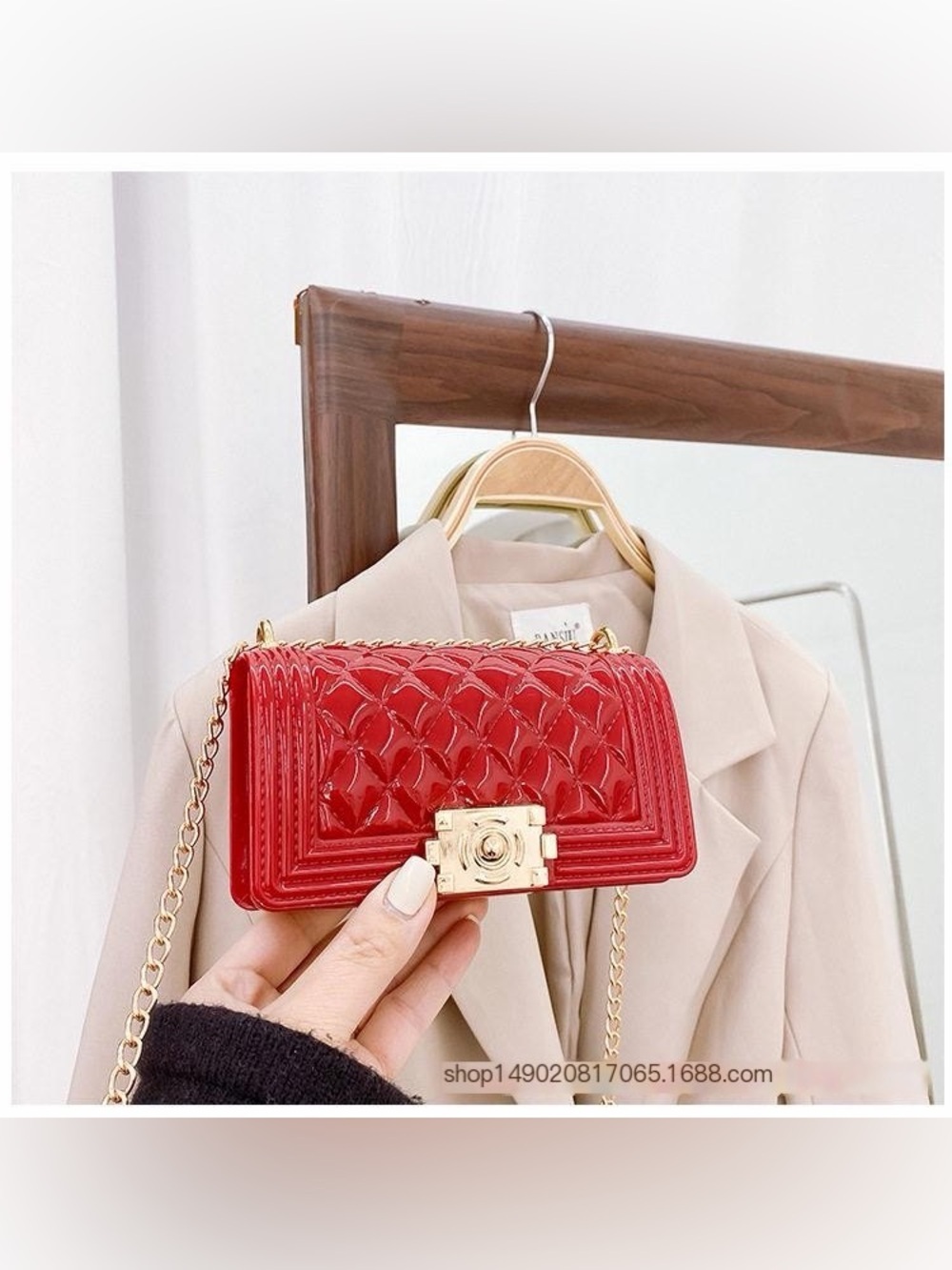 Quilted Patent Crossbody Bag with Gold Chain - Red